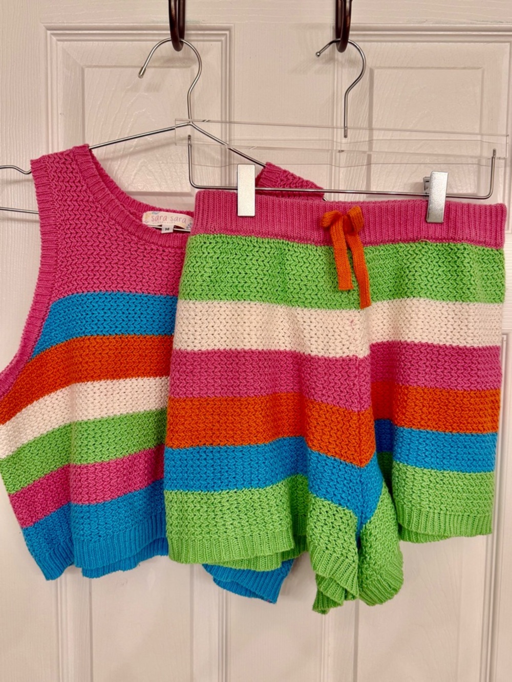 Sara Sara Pink Multicolor Striped Knit Tank & Shorts Set